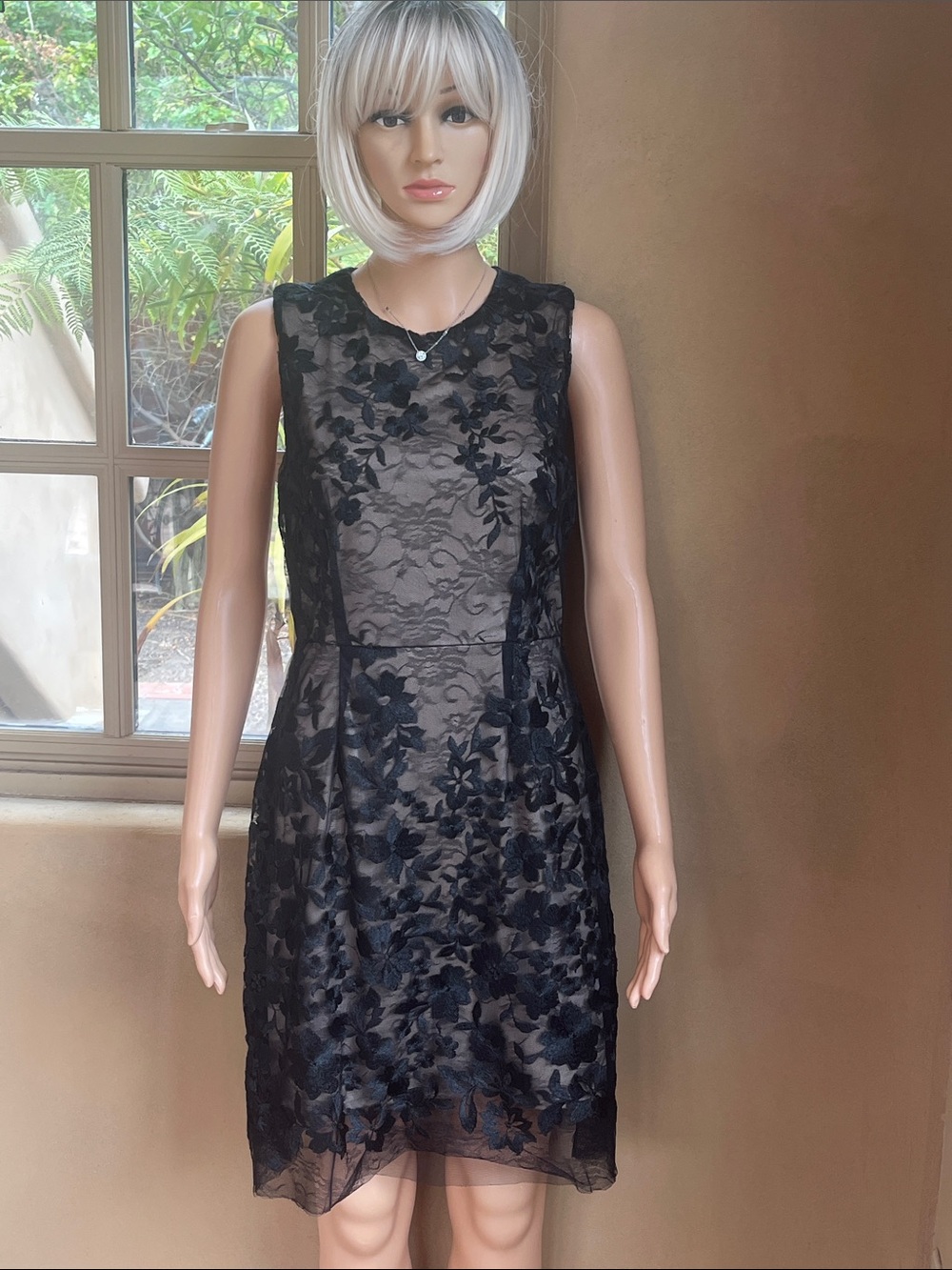 Betsey Johnson Black Floral Lace Midi Dress with Nude Underlay